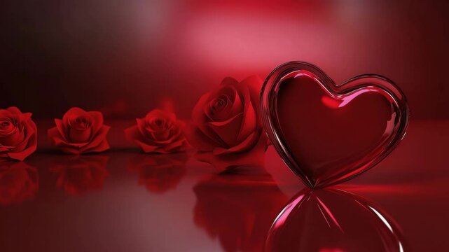 Red glass heart with red rose and reflection shiny surface, romantic and elegant love concept with soft lighting and blurred background red rose flower and glass heart shape reflective surface with