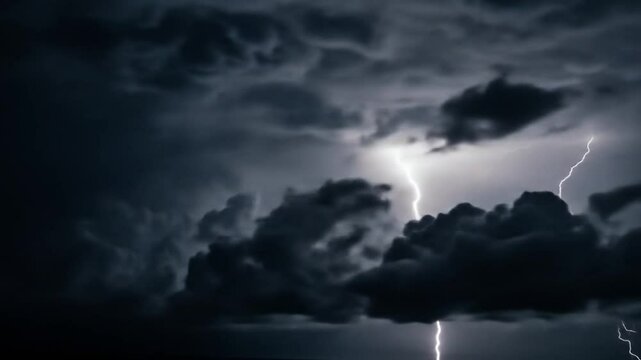 Lightning Striking Through Dark Storm Clouds During Heavy Thunderstorm Aerial View