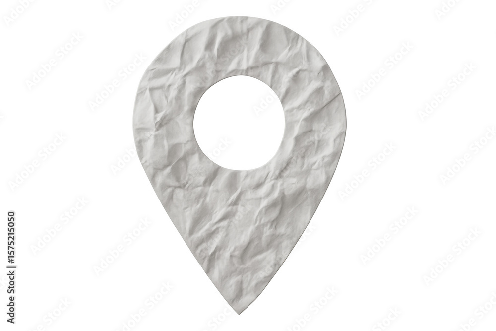 Poster crumpled white paper forming location pin icon with transparent background, ideal for travel and nav