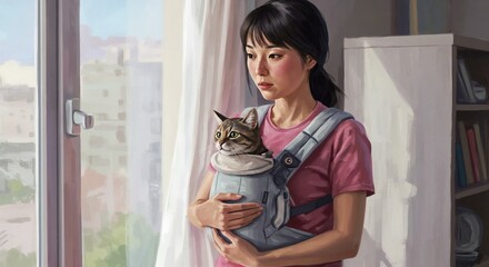 Asian woman holding cat in baby carrier by window indoors  