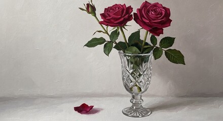 Red roses in crystal vase with a fallen petal on white background  