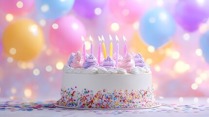Colorful Birthday Cake with Lit Candles and Balloons Celebration Background