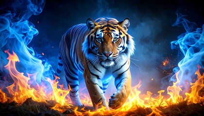 Tiger Fiery Blue Flames 