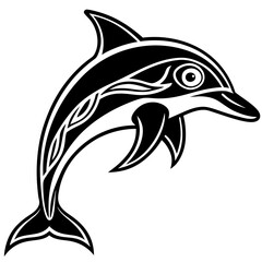 Fototapeta premium Stylized black and white dolphin jumping silhouette with tribal patterns