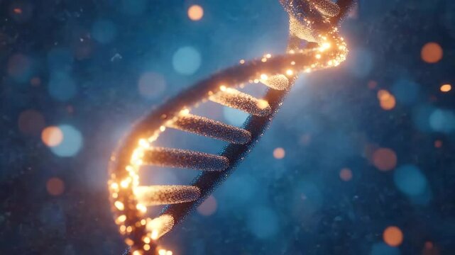 DNA strand glowing with bright and golden particles dark blue background, molecular structure illuminated with sparkling light effects, futuristic and scientific concept showcasing molecular biology - Powered by Adobe