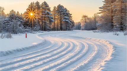 Snowflakes softly falling on a group of redwood trees, their towering trunks rising above the snow with the sunlight piercing through.