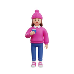 Cartoon Girl Wearing Pink Hat Pink Sweater Blue Pants Holding Coffee Mug
