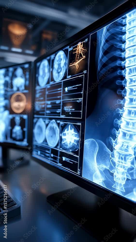 Aufkleber x ray image of human spine displaying on multiple computer screens in modern medical control room, s