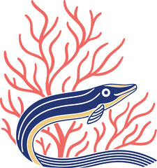 Fototapeta premium Stylized blue eel swimming amongst coral branches in a minimalist silhouette