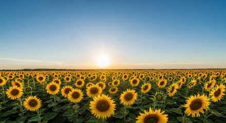 Obraz premium vast sunflower field at golden hour sunset with bright blue sky