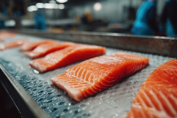 Fresh salmon fillets on a conveyor belt (2)