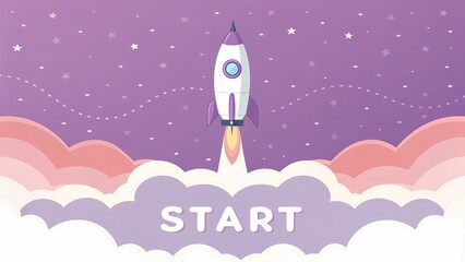 rocket launching into a purple starry sky, surrounded by vibrant clouds, with the word "START" displayed below, symbolizing the beginning of a journey or new creative project.