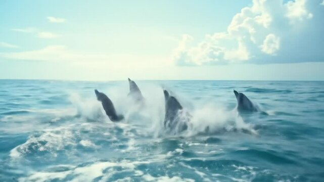 Dolphins Jumping Out of Ocean Water in Synchrony Slow Motion