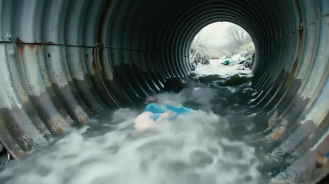 Polluted Drain Water with Plastic Trash Flowing from Corrugated Pipe &ndash; Environmental Hazard Representing River Contamination and Improper Waste Disposal Problem
