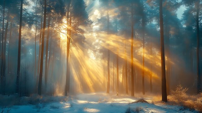 Snow gently falling on a majestic pine tree, its branches heavy with snow, with soft sun rays shining through the branches.