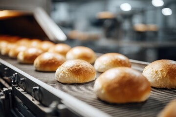 Freshly baked buns on a conveyor belt