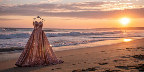 rose gold sequin princess dress for girls in a dreamy sunset beach setting, waves in the background, 4K.
