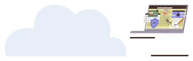 Cloud illustration with a laptop showing cybersecurity tools, analytics, and threat detection. Ideal for technology, cloud computing, cybersecurity, data protection, network security, IT management