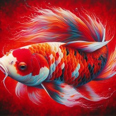 A painting of beautiful red koi fish on a background of swirling patterns.