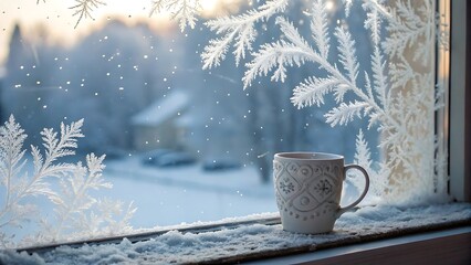 Cozy Winter Scene Mug on Snowy Windowsill with Frost and Blurred Snowy Background