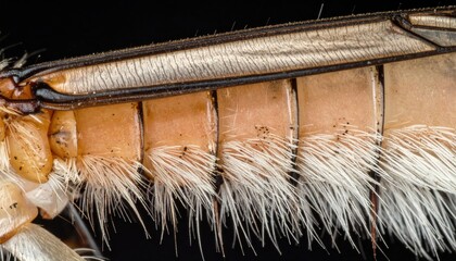 Close-up of insect's segmented body with fuzzy hairs