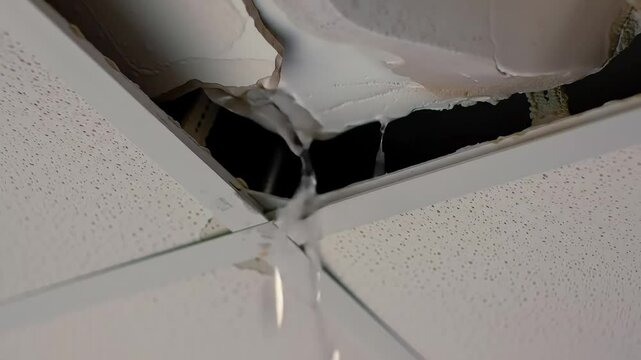 Ceiling Leak with Water Pouring Through Hole &ndash; Realistic Interior Damage Scene Depicting Home Maintenance Problem and Roof Water Infiltration