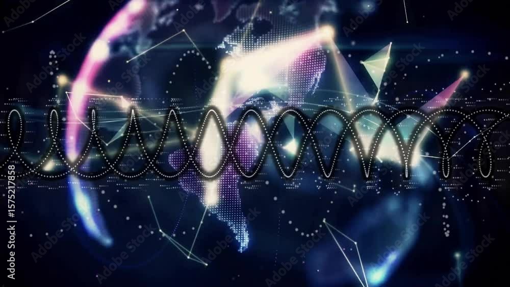 Poster space spawning glowing sinewave drifting data shapes with hand holding rotating globe showing data