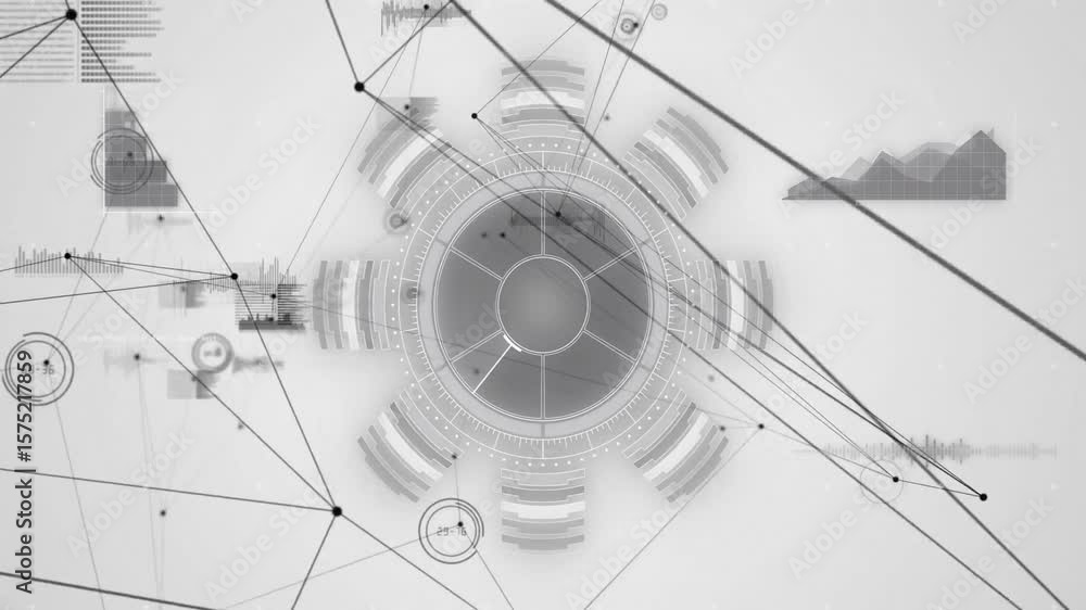 Poster central circular hud appearing, disc rotating clockwise, network lines linking charts for data view