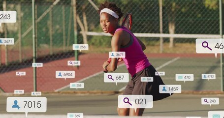 Floating data overlays appearing around tennis player hitting backhand showing sports analytics - Powered by Adobe