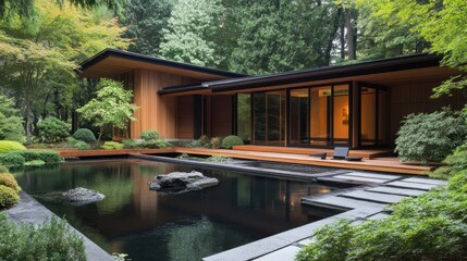 Modern home nestled in lush gardens