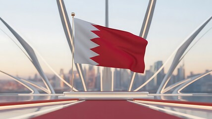 Bahraini Flag Waving on a Stage with a Cityscape Background