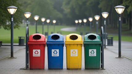 Colorful Recycling Bins for Plastics Paper Glass and Metal in a Park Setting