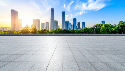 Empty square floors and city skyline with modern buildings in Chongqing at sunrise : Generative AI
