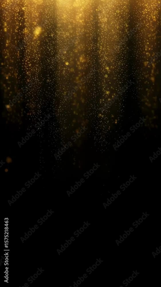 Poster golden particles are gently falling on a black background, creating a magical and luxurious atmosphe