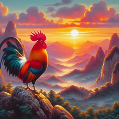 A painting of beautiful rooster on a background of vibrant skies.  