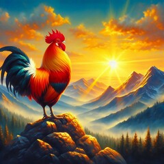 A painting of beautiful rooster on a background of sunrise over mountains.  