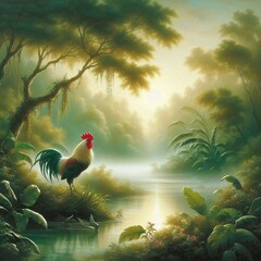 A painting of beautiful rooster on a background of serene forest and sunlight. 