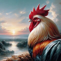 A painting of beautiful rooster on a background of sunrise over tranquil waters.  