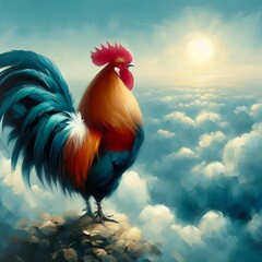 A painting of beautiful rooster on a background of clouds and sunrise.  