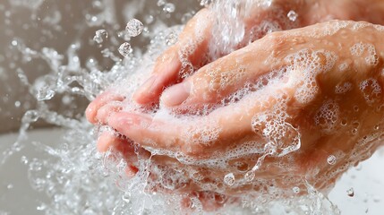 Fototapeta premium Washing hands thoroughly with water and soap showcases hygiene and prevention of germs and bacteria on skin.