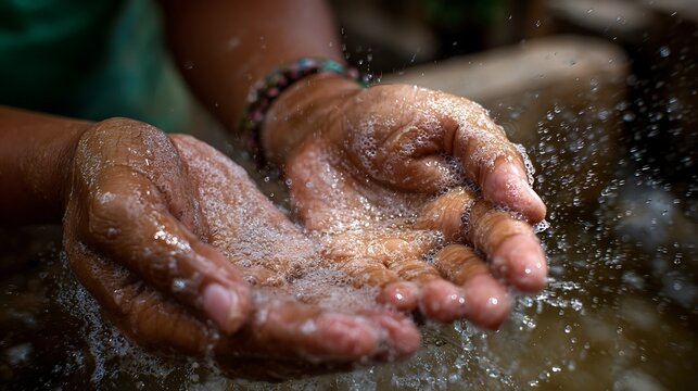 Washing hands with clean water showing hygiene and sanitation, promoting health and wellness with a focus on water purity.
