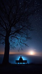 Solitary Figure on Bench Under Starry Sky with Glowing Horizon at Night