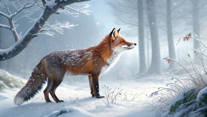Fox in a Snowy Winter Forest Illuminated by Soft Light
