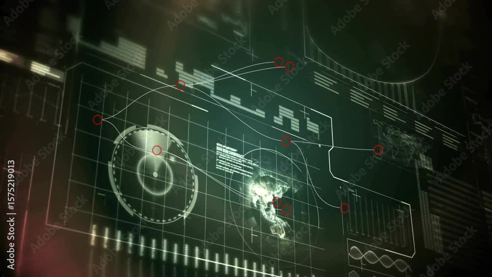 Poster on start, ui circle rotating while graph tracing bars to pulsing globe, showing data and waveform