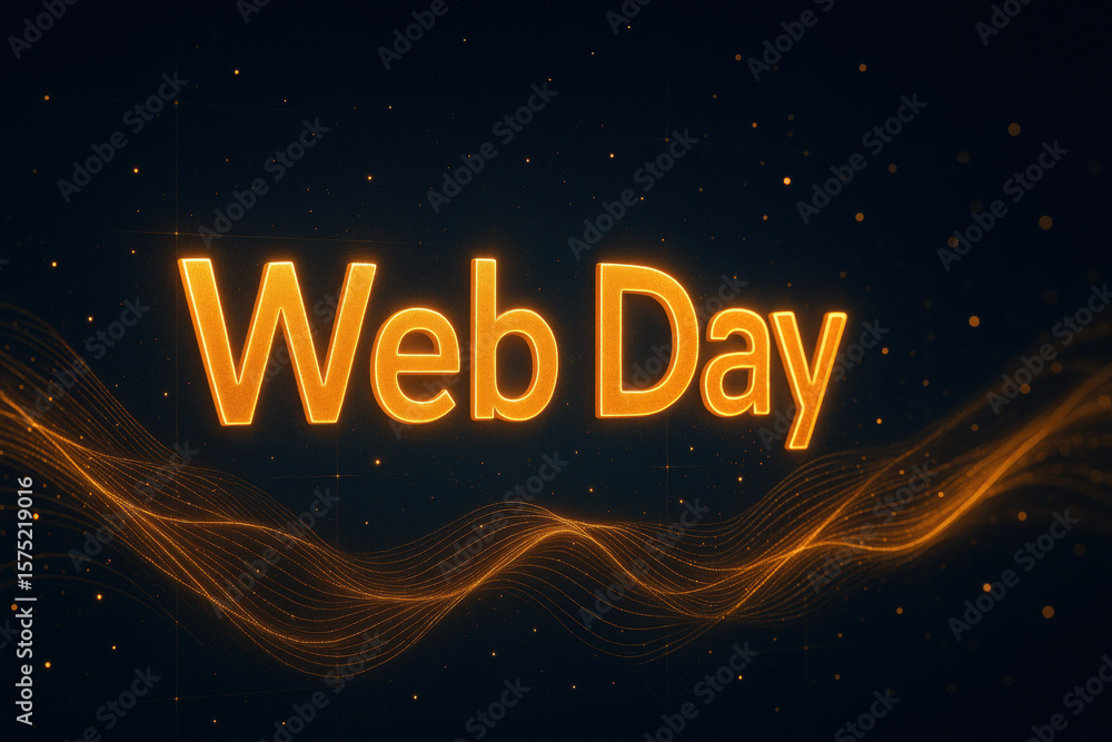 Poster glowing web day digital text with luminous orange lines and dynamic abstract particles on dark backg