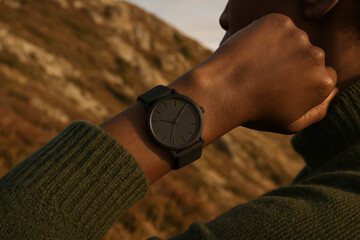 Minimalist black wristwatch on person's wrist outdoors, showcasing modern accessory against natural mountain background