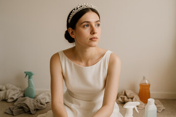 Thoughtful bride in white dress sitting among cleaning supplies, pausing in preparation for important event at home
