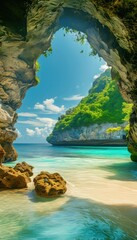 Breathtaking View of Tropical Beach Through Secluded Cave Archway
