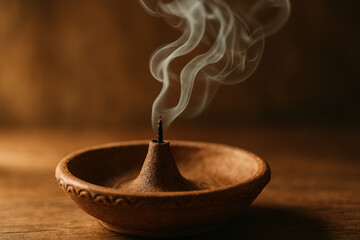 Burning incense cone in wooden holder releasing aromatic smoke in warm atmosphere