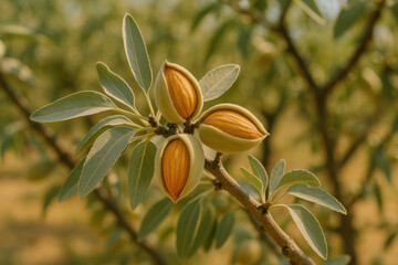 Ripe almond nuts growing on tree branch with green leaves in orchard during warm autumn harvest season